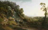 A Landscape with Travellers and Cattle Crossing a Bridge by a Waterfall