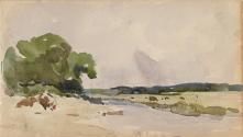 A River on a Plain; Cottage and Trees (on verso)