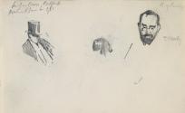 Two Male Heads and Timothy Healy M.P. (1855-1931) (right), in the House of Commons; a Barrister (left) behind Leonard Courtney, 1st Baron Courtney [...] (on verso)