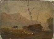 Farmhouse and Cattle near Mountains