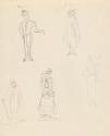 Costumes for a Page Boy and Authoress, a Man in a Cloak, a Maidenly Lady and a Poet