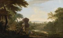An Italianate Landscape with Figures by a Tomb