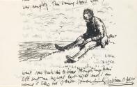 Cropped letter from William Orpen to Mrs St George with a sketch of the artist at Howth on the reverse