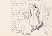 Cropped letter from William Orpen to Mrs St George with a sketch of the artist on a Dublin Street