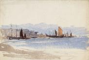 Sailing Ships in a Harbour; Fisherman Unloading Boats at Low Tide (on verso)