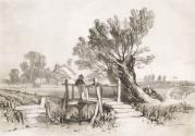 River Scene with Willows and Boy Fishing