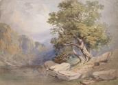 Tres Overhanging a Mountain Lake; A Wooded Valley (on verso)