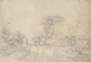 A Man Leading a Cart and Horse down a Country Road