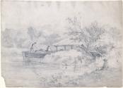 A Barge and Fishermen by the Riverbank