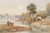 A Lake with Boatmen and Cottages