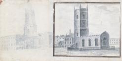 Saint Werburgh's, Werburgh Street (faintly on left) and Saint Nicholas Within, Christchurch Place (now towerless); Dublin from the North-East (on verso)