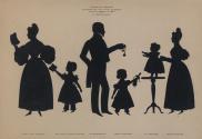 Silhouettes of Jane Waring, Hettie Waring Belcher, William, Dora, William and Mrs Belcher (left to right)