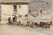 Mules and Figures outside a House