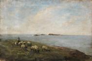 Sheep and a Shepherd by the Sea