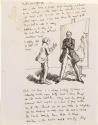 Illustrated letter from William Orpen to Mrs St George with a sketch of the artist speaking to his father. On the reverse is a sketch of the the French family