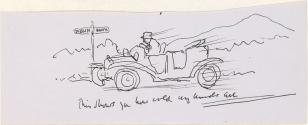 Cropped letter from William Orpen to Mrs St George with a sketch of the artist driving a car