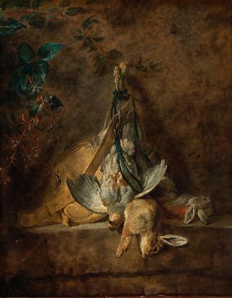 A Still Life: Two Rabbits, a Grey Partridge, Game Bag and a Powder Flask