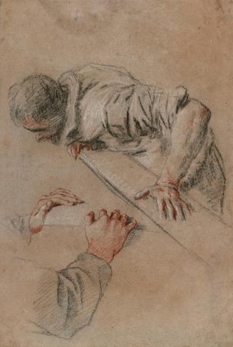 A Man Leaning over a Parapet and a Pair of Hands