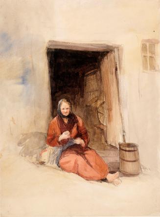 Woman Sitting at Doorway of a House