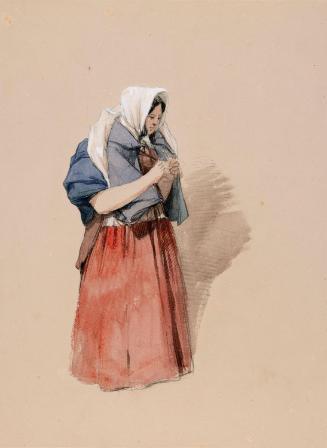 Woman Knitting with a Cloak Folded over her Shoulders