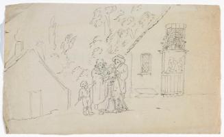 Man and Woman with Two Children Outside a Cottage