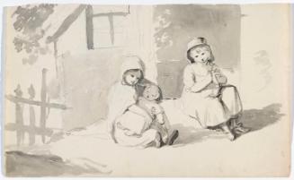 Two Children, One Holding a Baby, House in the Background; Child with Arms Raised and a Sleeping Child under a Tree (on verso)