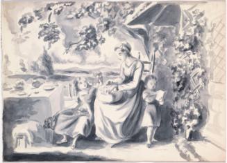 Woman and Two Children Sitting Outside a Cottage beside a Tea Table