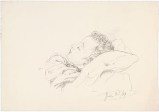 Head of Sleeping Child with Curly Hair, Lying on a Pillow