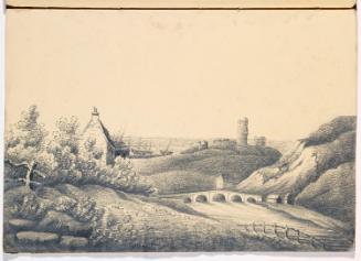 Five Arched Bridge and Coastal Village with Ruins on a Distant Hill