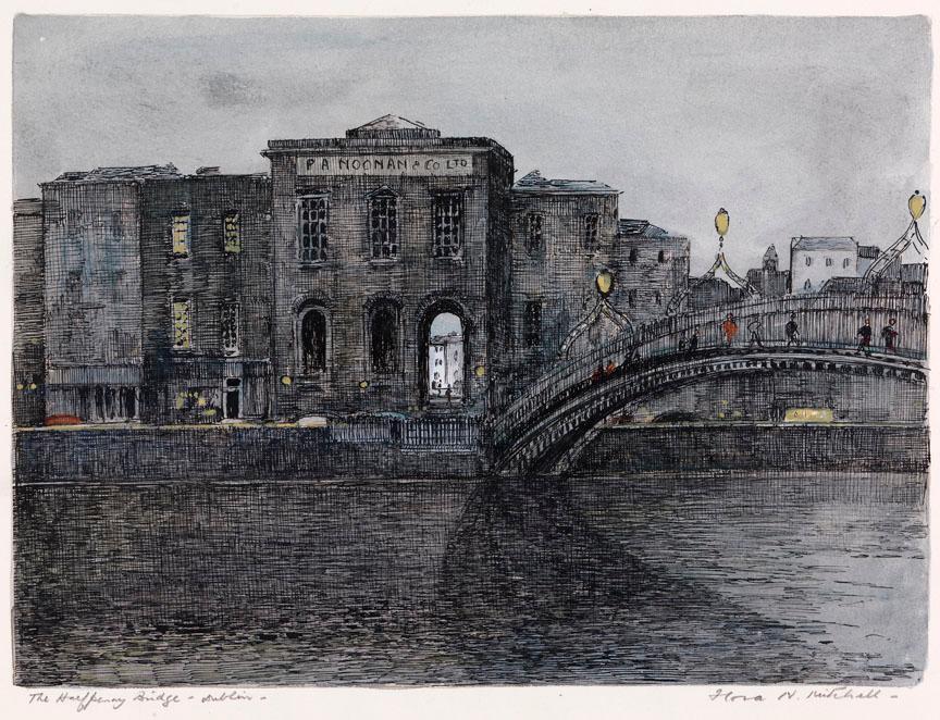 The Halpenny Bridge and Merchants' Hall, Dublin, at Night