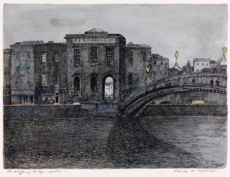 The Halpenny Bridge and Merchants' Hall, Dublin, at Night