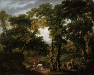 A Wooded River Landscape with Figures and Horses at a Ford and Fallow Deer in a Clearing