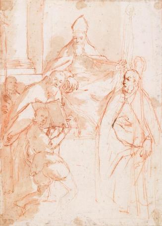 Saint Anthony Abott (centre) with Saints Cornelius (left) and Cyprian (right) and a Page