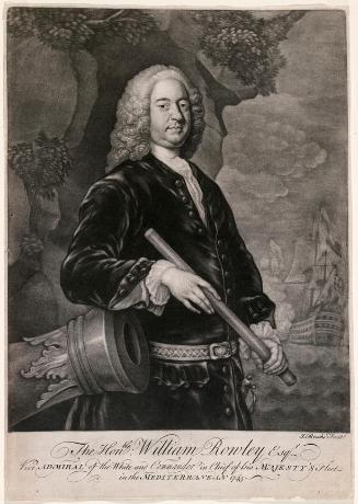 Sir William Rowley, (c.1690-1768), Commander in Chief of the King's Fleet in the Mediterranean, (with probably the Battle of Toulon, 1744, behind)