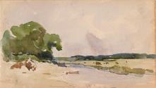A River on a Plain; Cottage and Trees (on verso)