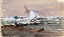 Waves Breaking against the Rocks; Cows (on verso)
