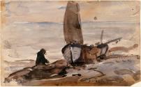 A Seated Man and a Boat on the Shore; Boats at Sea (on verso)