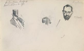 Two Male Heads and Timothy Healy M.P. (1855-1931) (right), in the House of Commons; a Barrister (left) behind Leonard Courtney, 1st Baron Courtney [...] (on verso)