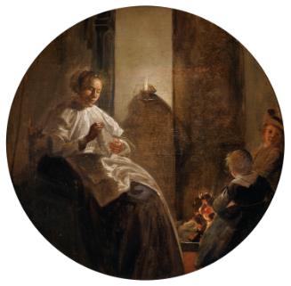 A Woman Sewing by Candlelight