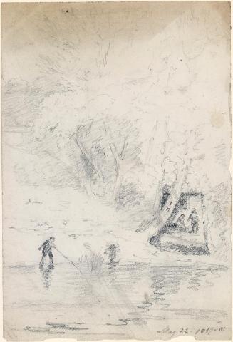 A Fisherman on the Riverbank and a Cottage among Trees
