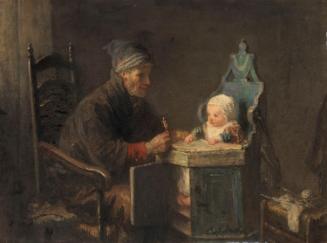 An Old Man with a Child in a Highchair