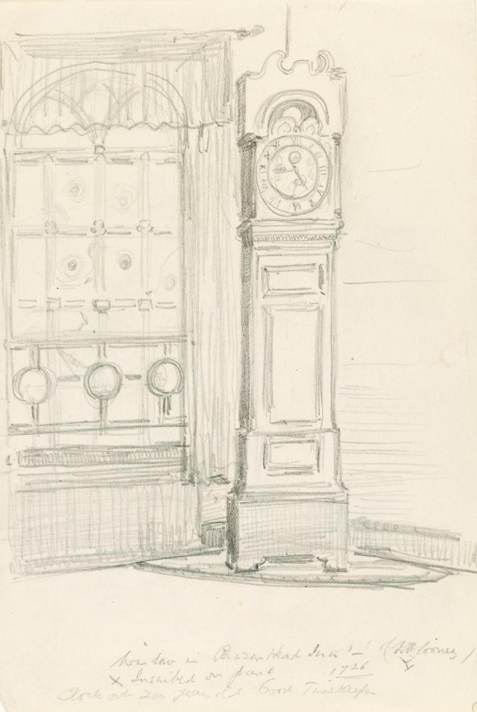 The 1726 Clock in the Brazen Head Hotel, No. 20 Bridge Street; A Bossi Fireplace in Mr Ewington's House, Basin Street (on verso)