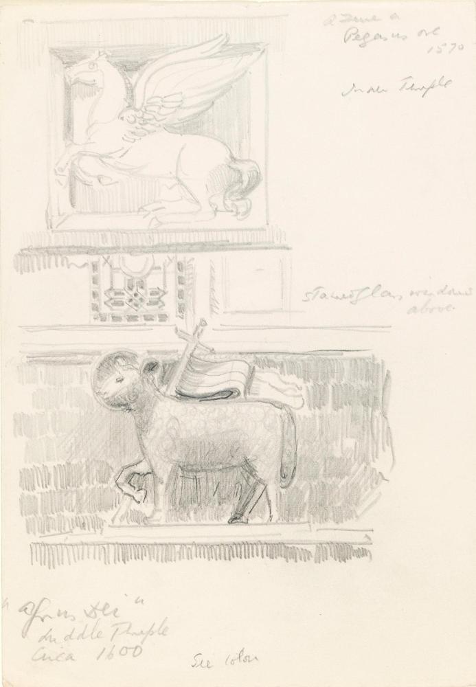 Rysbrack's Pegasus, Inner Temple Treasury (top) and the 'Agnus Dei' (bottom), Middle Temple Hall, London