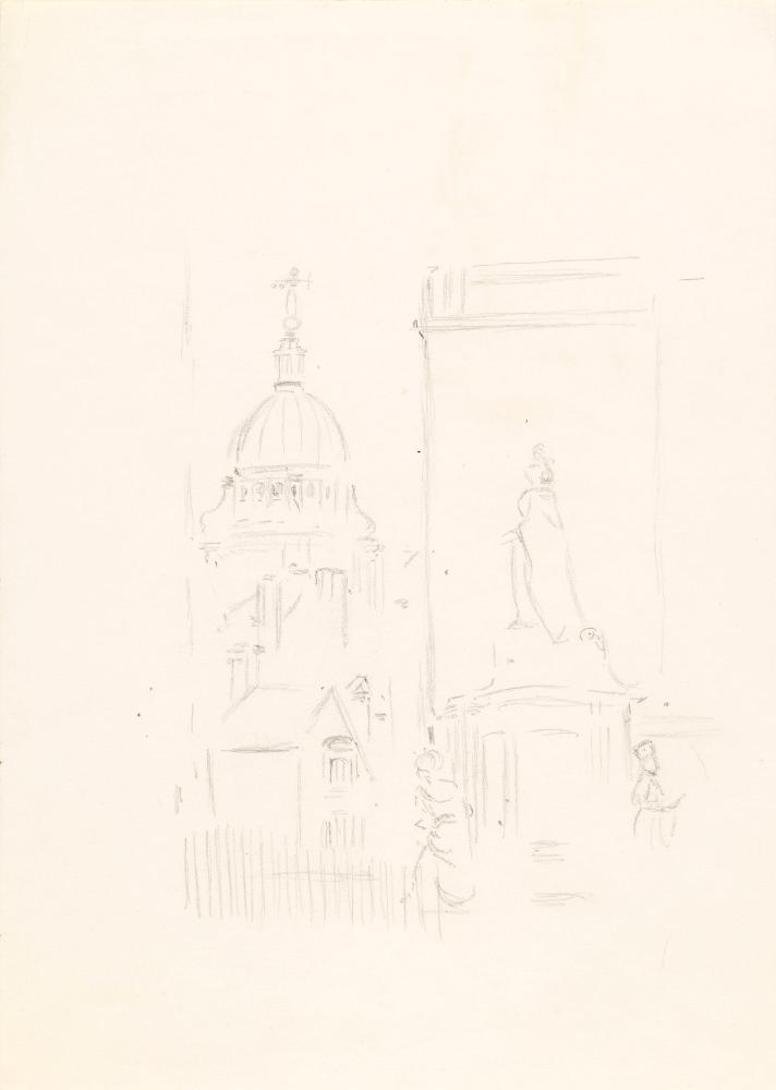 Bird's Statue of Queen Anne, (1665-1714), Saint Paul's Churchyard and the Old Bailey Dome, London
