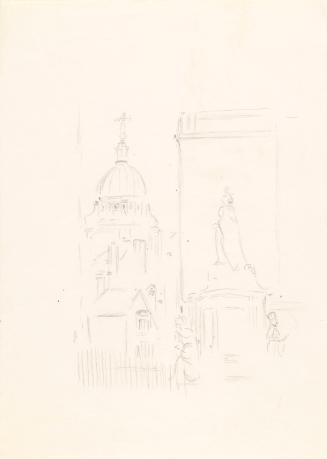 Bird's Statue of Queen Anne, (1665-1714), Saint Paul's Churchyard and the Old Bailey Dome, London