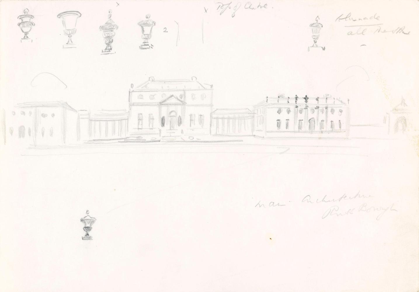 The Facade of Russborough House, with Details of Ornamental Urns