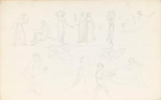Studies of Figures in Grecian Robes; Carictured Figures Bouncing a Child on a Sheet