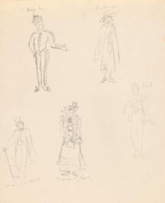 Costumes for a Page Boy and Authoress, a Man in a Cloak, a Maidenly Lady and a Poet
