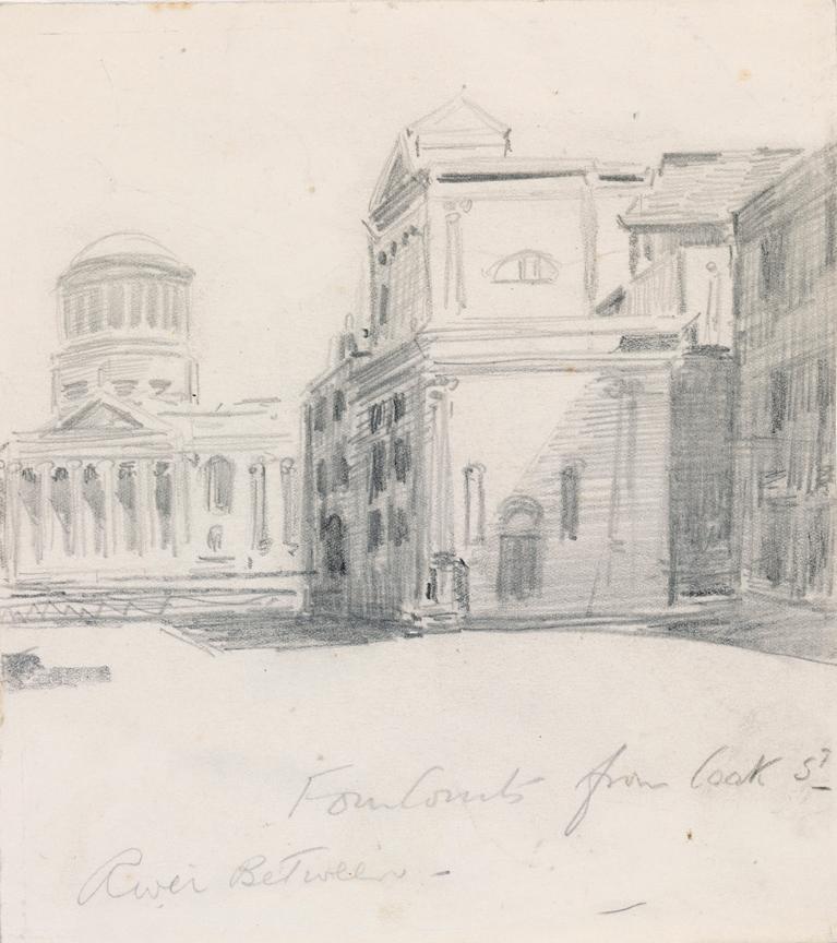 The Four Courts from outside the Church of Adam and Eve and the Immaculate Conception; Leinster House from Molesworth Street (on verso)