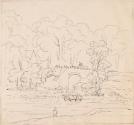 Stone Bridge over River with Cows Drinking